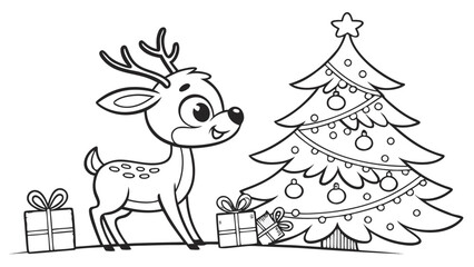 Naklejka premium Cute deer standing next to christmas tree and presents reindeer gifts