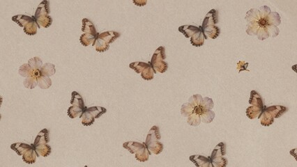 Seamless pattern featuring multiple butterflies flowers light beige textured surface different sizes colors in