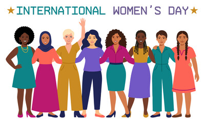 Fototapeta premium Diverse group of women standing together for International Womens Day banners for website and market