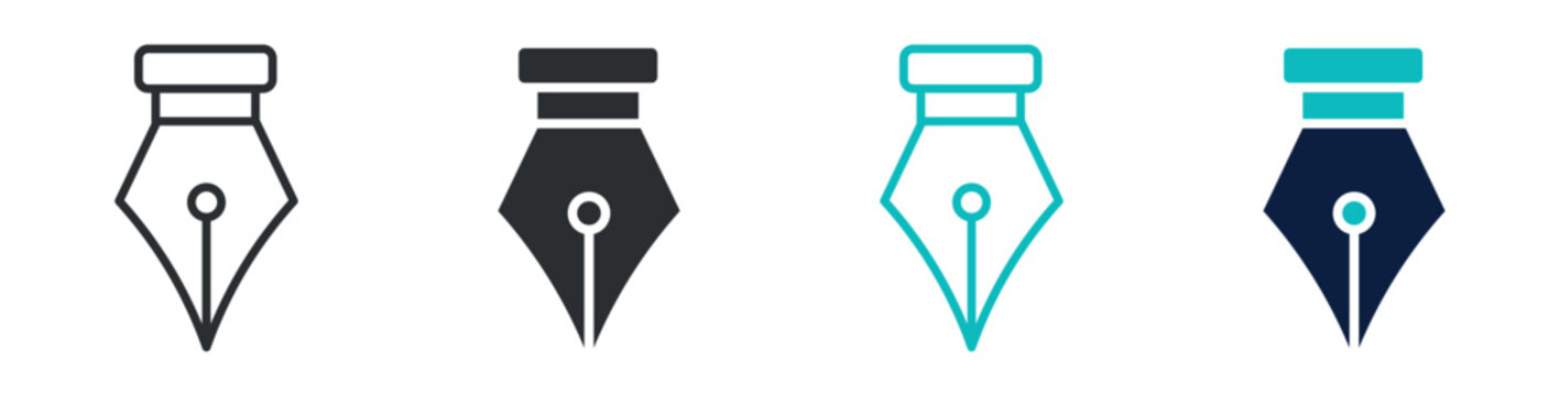 Fountain pen nib icon set, ink pen writing calligraphy stationery symbol, outline and solid and color style. Vector illustration.