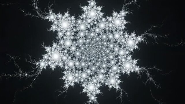 Abstract fractal snowflake pattern with glowing white particles on black background