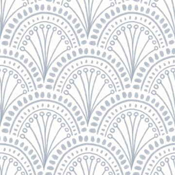 Art deco fan repeat pattern, minimalist scallop geometric wallpaper in soft blue grey