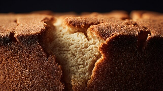 Pound cake macro crust cracks detail, dark backdrop