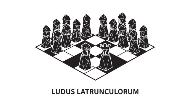 A stylized illustration of the ancient Roman board game Ludus Latrunculorum with black and white pieces on a checkered board, set against a clean white background.