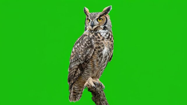 Great horned owl, isolated on green screen background for vfx projects