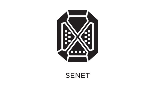 A black and white graphic of the SENET logo, an ancient Egyptian board game symbolizing strategy and fun, on a clean white background with bold lines and geometric shapes.