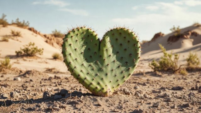 Heart-shaped cactus stands in sandy desert