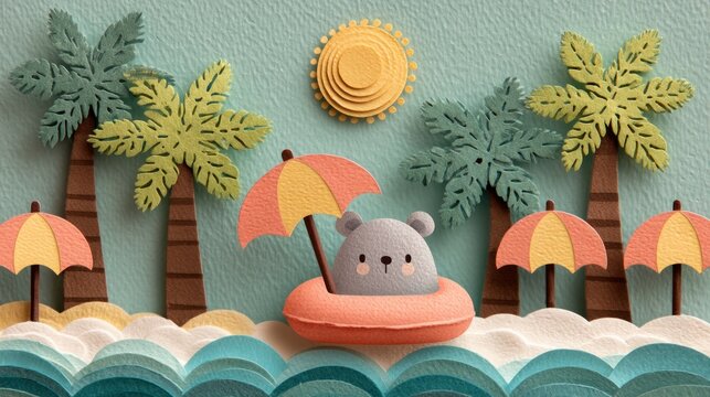 Adorable Bear Floatie in Summer Beach Scene with Tropical Trees and Sun