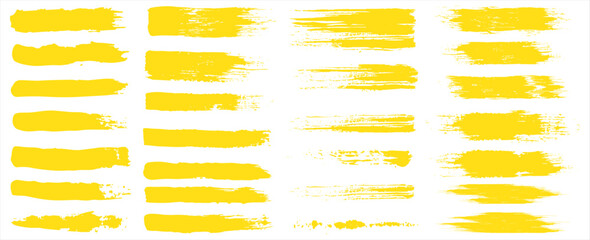 Obraz premium Grunge brushes. Paintbrush sketch strokes, yelllow splash distress texture and paint daub. Rough ink stain and calligraphy element vector set. Illustration sketch grungy shape.