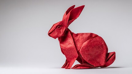 A red origami rabbit sits on a light gray background, showcasing its folded paper form.