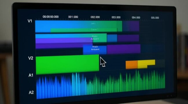 Colorful video editing timeline on screen.