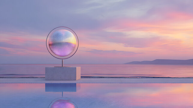 Globe sculpture by the sea at sunset