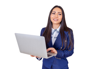 Professional business woman smiling, typing on laptop, showcasing productivity and innovation on transparent background