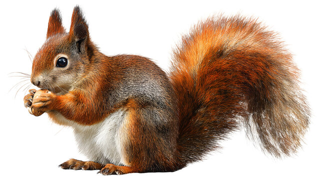 Ultra realistic HD squirrel holding nut bushy tail fine fur, isolated on white background