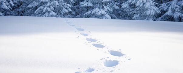Serene winter path Diagonal footprints traverse a pristine snowfield towards a dense, snow-laden forest, evoking solitude and exploration., Journey, wilderness