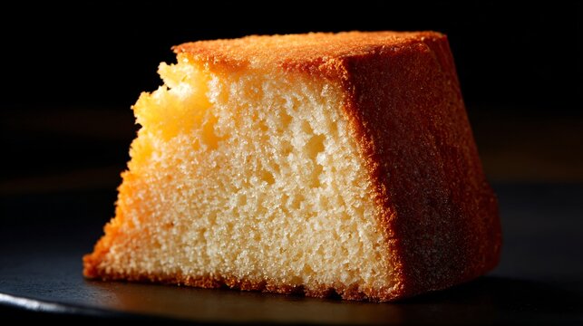 Pound cake slice with crust edge emphasized, contrast-rich lighting