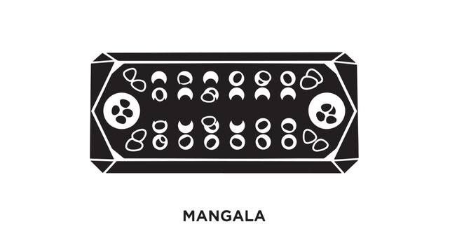A black and white illustration of a Mangala game board, a strategic board game, on a plain background, perfect for indoor game enthusiasts and strategy lovers.