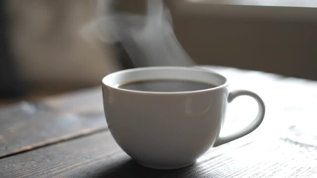 Steaming cup of coffee on table.