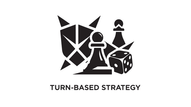 A black and white logo featuring chess pieces, a dice, and a shield on a clean white background, representing strategic planning and gameplay.