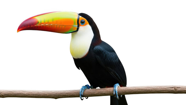 Vibrant toucan perched on a branch isolated on transparent background