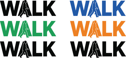 Creative typography design featuring the word WALK in multiple colors with integrated walking silhouette figure inside the letter A, symbolizing motion, fitness, and lifestyle concepts © Munni