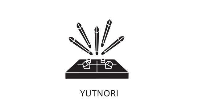 A black and white illustration of a Yutnori game board with pencils on top, representing a traditional Korean game, conveying strategy and fun in a simple, modern style.