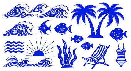 Obraz premium Blue Summer Vacation Icons Pattern Seamless Graphic Sea Beach Travel Elements