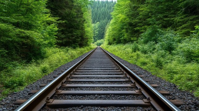 Striking long-shot of train tracks in vanishing perspective, framed by vibrant green forest, symbolizing a path forward, journey and nature's tranquil embrace. Railway, woods