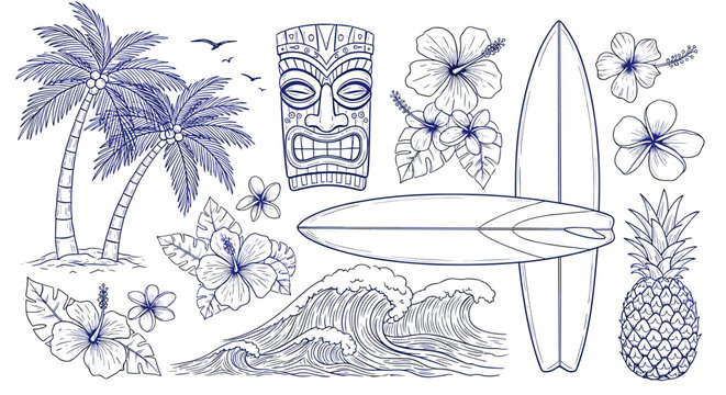 Nautical Blue Tropical Summer Vacation Elements Sketch Art Illustration