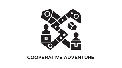Naklejka premium Minimalist black and white vector illustration of a cooperative board game featuring teamwork, strategy, and group adventure for business or educational use.
