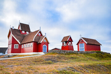 Qeqertarsuaq, Disko Island, Greenland - Red Qeqertarsuaq Church on Disko Island, Western Greenland Arctic Village Landmark © SJ Falcetta Images