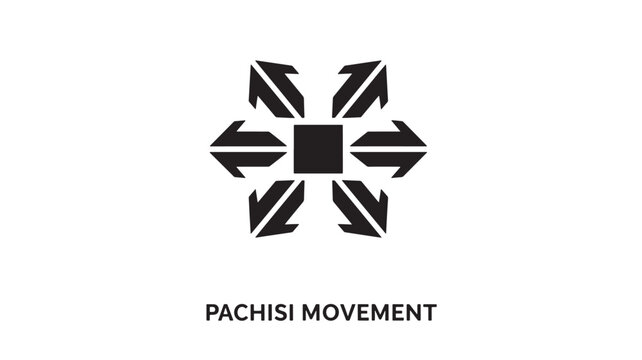 A minimalist black and white logo featuring a stylized abstract symbol with arrows and a square, representing the Pachisi movement, on a clean white background.