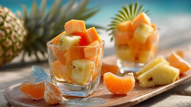 Bright papaya cubes folded into custard mixture alongside pineapple and mandarin segments, vibrant tropical color palette, beachside presentation