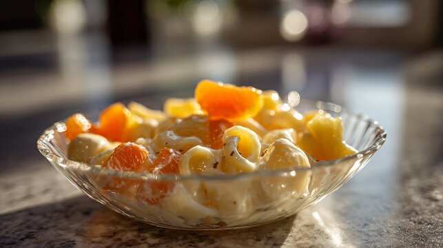 Creamy acini di pepe pasta coated in vanilla custard, topped with glossy citrus glaze brushed lightly across the surface, bright mandarin segments and pineapple chunks visible beneath sheen