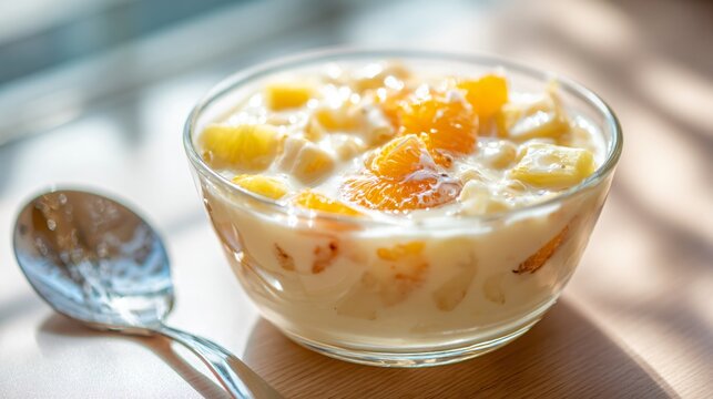 Creamy acini di pepe pasta coated in vanilla custard, topped with glossy citrus glaze brushed lightly across the surface, bright mandarin segments and pineapple chunks visible beneath sheen