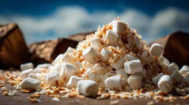 Extra marshmallows and toasted coconut flakes sprinkled generously, playful texture contrast, bright family picnic scene