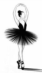 A vector illustration in black with very thin lines in a minimalist style, depicting the silhouette of a ballerina. © Dzianis