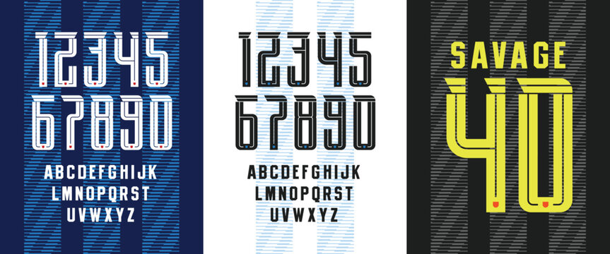 Savage 40: Retro style jersey number font with blue stripes and bold black color. Inline sporty numeric design perfect for team uniforms, competition posters, and athletic graphics.