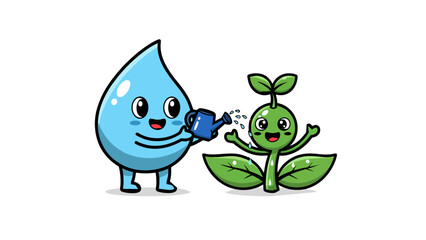 Fototapeta premium Water Droplet Character Watering Happy Plant, Environmental Education Concept, Growth and Nature Care, Flat Vector Illustration Isolated on White Background