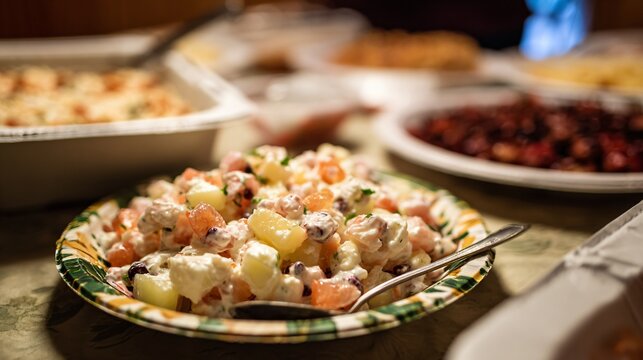 Generous serving of creamy acini di pepe fruit salad placed on paper plate beside classic casseroles