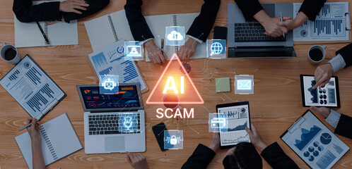 Cybersecurity concept featuring an AI detector scanning digital content for deepfakes and...