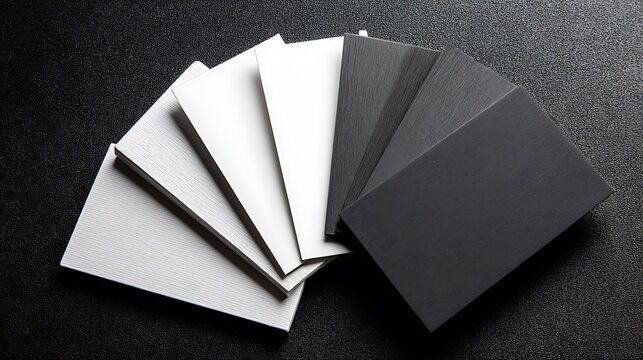 Stack of blank white and black business cards fanned out on a dark textured background