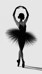 A vector illustration in black with very thin lines in a minimalist style, depicting the silhouette of a ballerina. © Dzianis