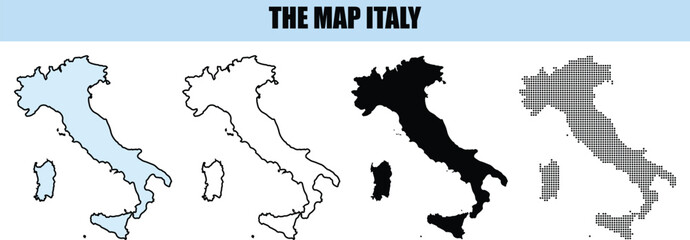 Fototapeta premium Map of Italy Various Styles Outline Silhouette Dotted Line Vector