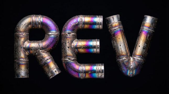 3D Typography "REV" Formed by Shiny Exhaust Pipes and Chrome Engine Parts