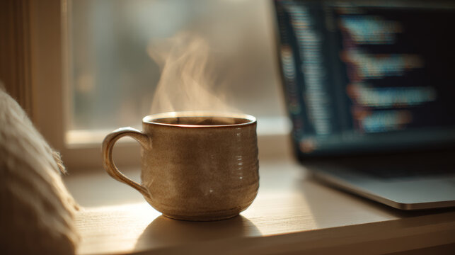 A warm, steam-rising cup of black coffee in a simple stoneware mug next to a laptop displaying lines of code 