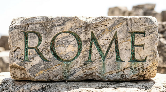 3D Typography "ROME" Chiseled from Ancient Marble and Classic Historic Stone