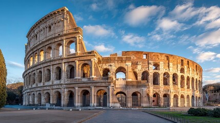 Obraz premium Rome's ancient Colosseum, a major Italian landmark, stands beautifully in the morning light. Its impressive architecture makes it a top attraction.