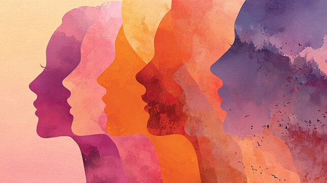  LGBTQ Pride Month background :  Abstract watercolor overlapping painting female silhouettes. Concept of LGBTQ+ community, lesbian pride, diversity, equality and sisterhood