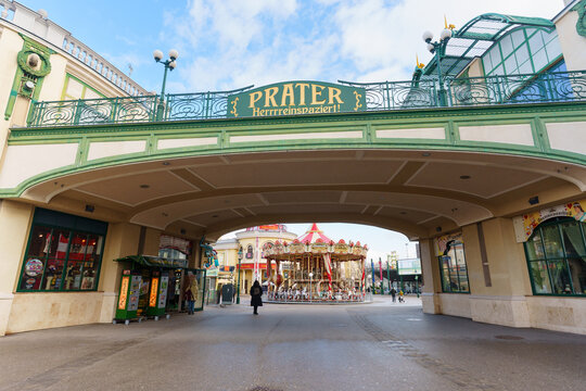 Vienna, Austria - February 24, 2026: Prater Amusement Park Entrance with Vintage Carousel in Vienna